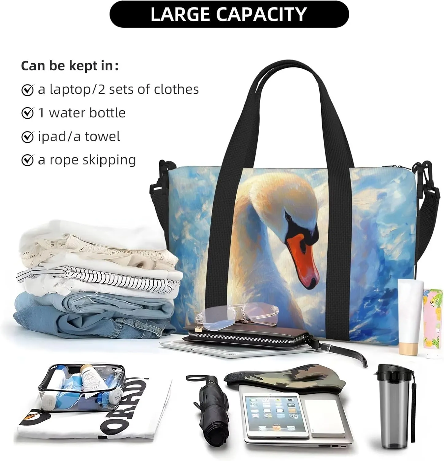swan print Travel Duffel Bag, Sports Tote Gym Bag, Swim Pool Bag Large Shoulder Tote Bag for Beach Weekender