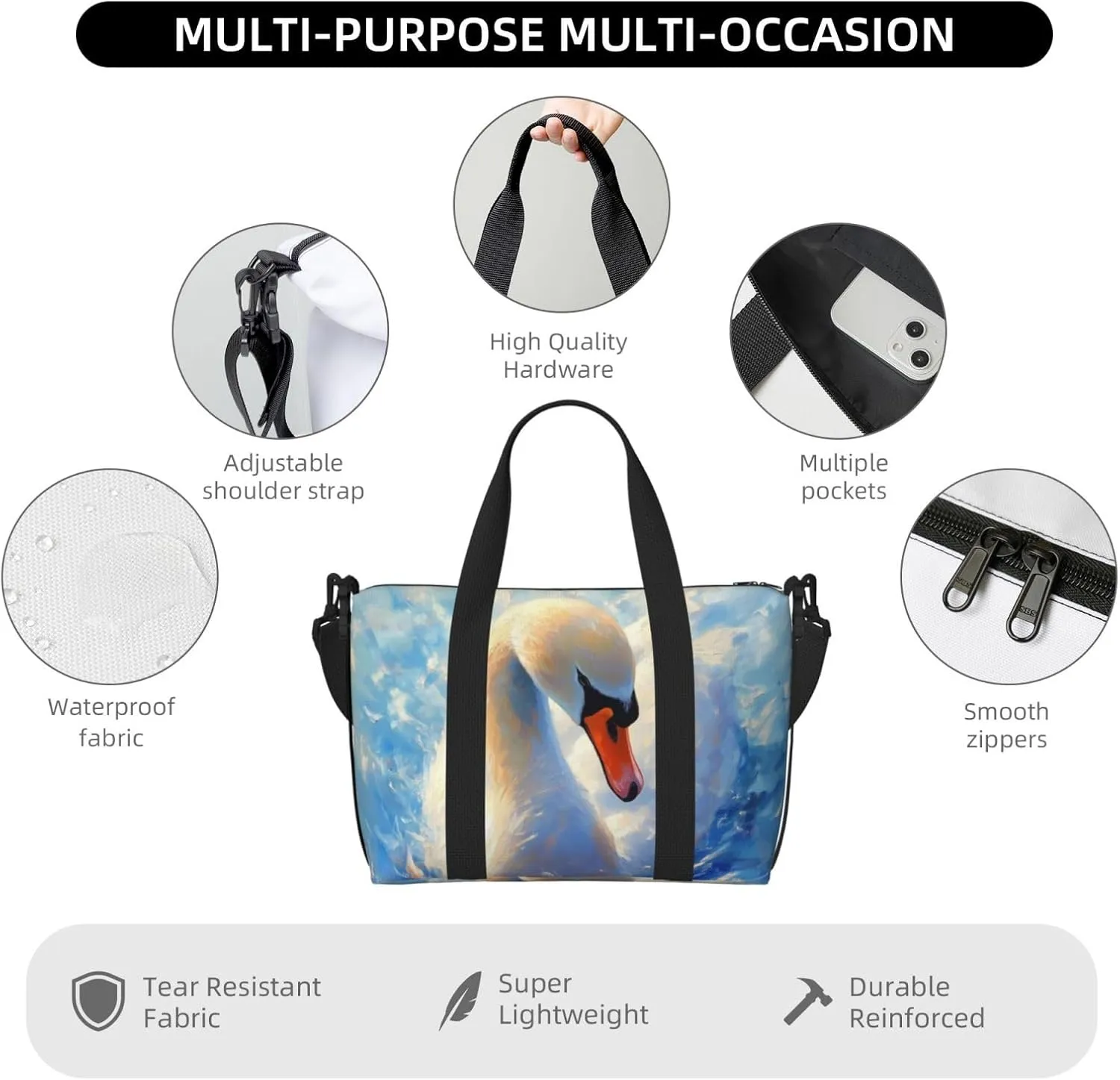 swan print Travel Duffel Bag, Sports Tote Gym Bag, Swim Pool Bag Large Shoulder Tote Bag for Beach Weekender