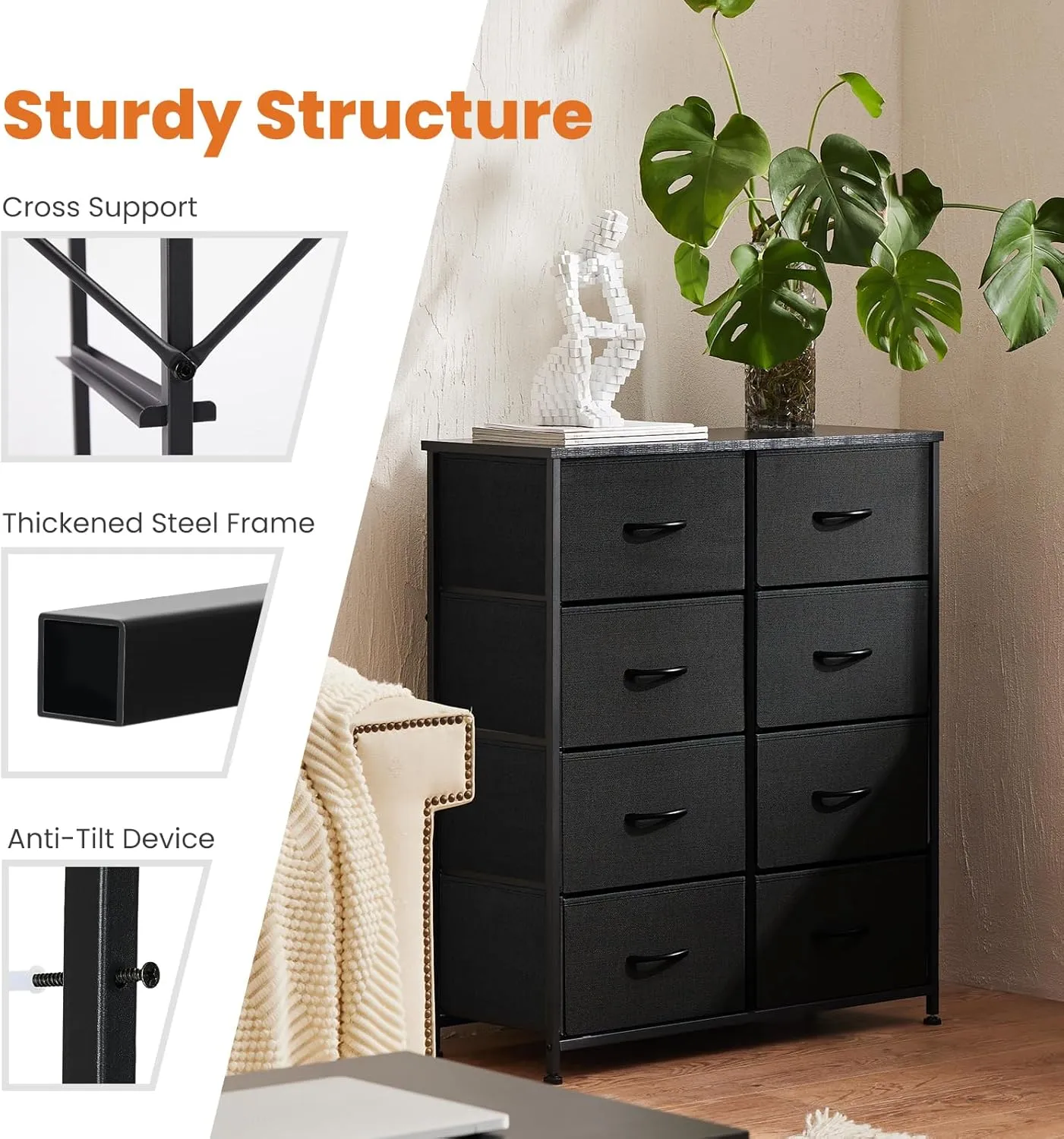 Sweetcrispy Dresser for Bedroom with 8 Storage Drawers, Tall Large Fabric Storage Tower Organizer, Chest of Drawers with Metal Frame Wooden Top for Closet, Living Room, Entryway, Black