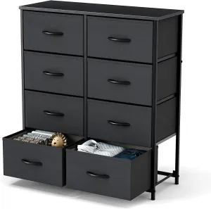 Sweetcrispy Dresser for Bedroom with 8 Storage Drawers, Tall Large Fabric Storage Tower Organizer, Chest of Drawers with Metal Frame Wooden Top for Closet, Living Room, Entryway, Black
