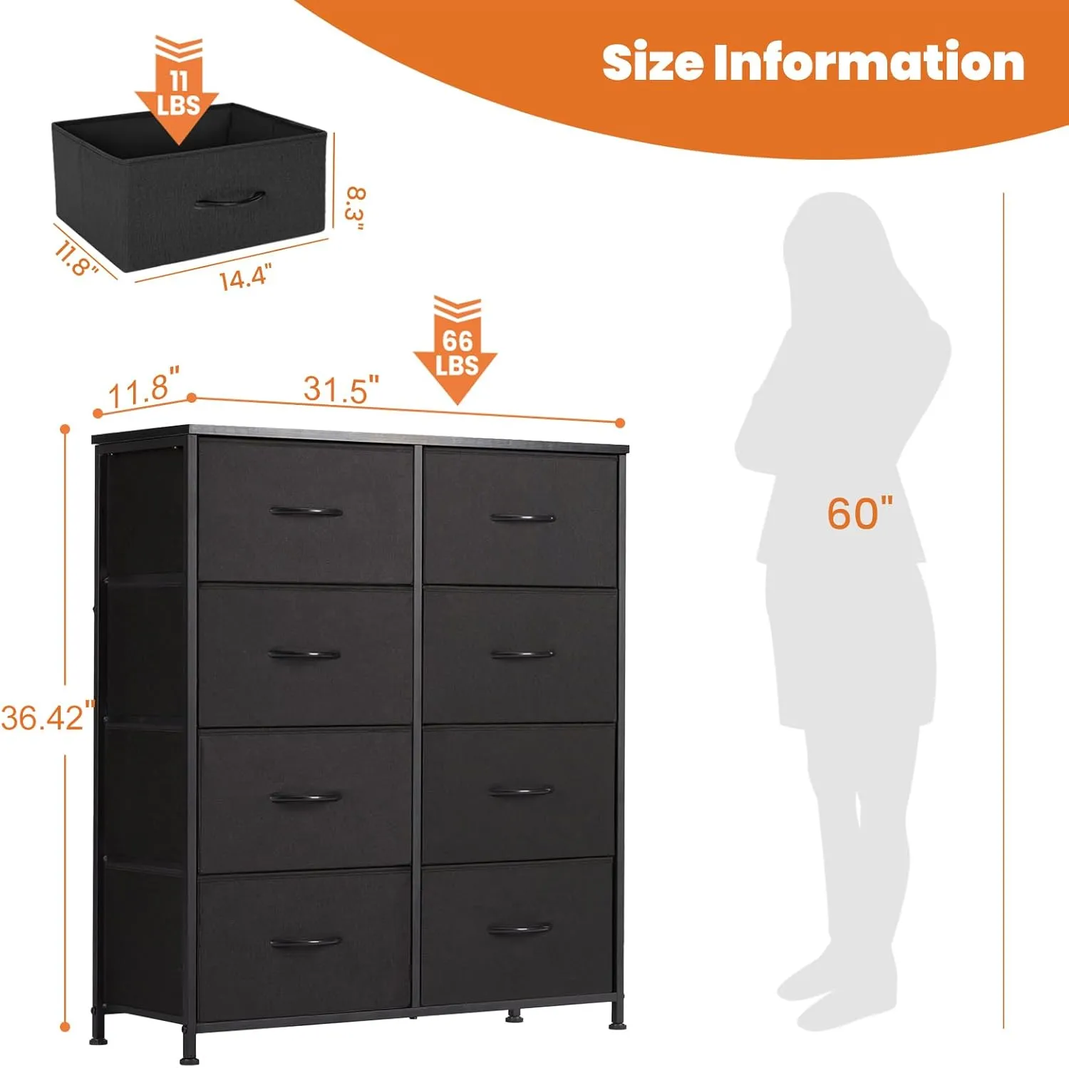 Sweetcrispy Dresser for Bedroom with 8 Storage Drawers, Tall Large Fabric Storage Tower Organizer, Chest of Drawers with Metal Frame Wooden Top for Closet, Living Room, Entryway, Black