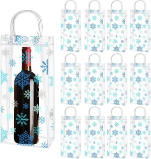 Sweetude 50 Pieces Christmas Wine Clear Gift Bags Snowflake Party Favor Bag with Handles Plastic Gift Bags Winter Gift Tote Bags for Birthday Wedding Party Supplies(Blue)