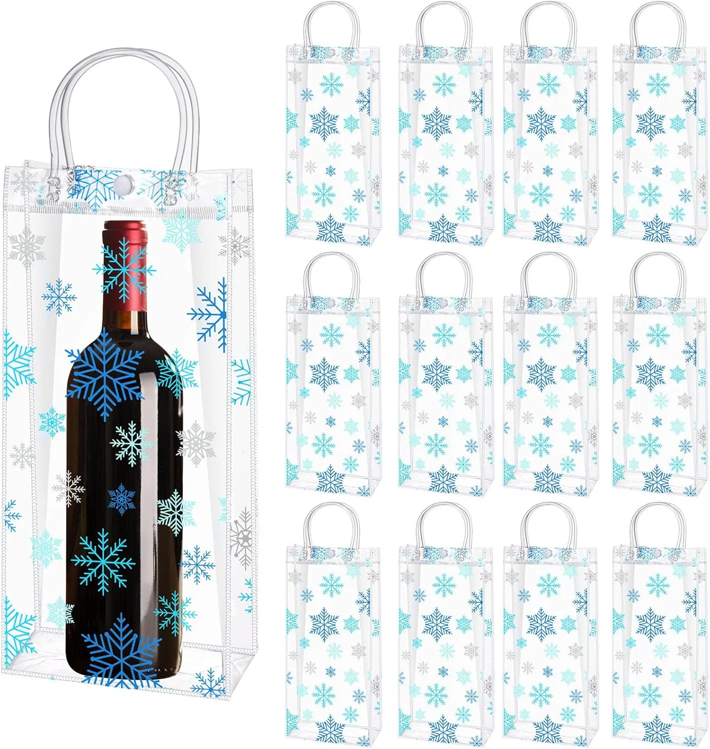 Sweetude 50 Pieces Christmas Wine Clear Gift Bags Snowflake Party Favor Bag with Handles Plastic Gift Bags Winter Gift Tote Bags for Birthday Wedding Party Supplies(Blue)
