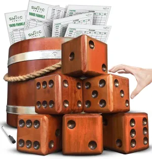 SWOOC Games - Yardzee, Farkle & 20  Giant Dice Games (All Weather) Yard Dice with Wooden Bucket, 5 Scorecards & Marker - Jumbo Dice Yard Game - Extra Large Yard Games for Adults - Jumbo Lawn Games