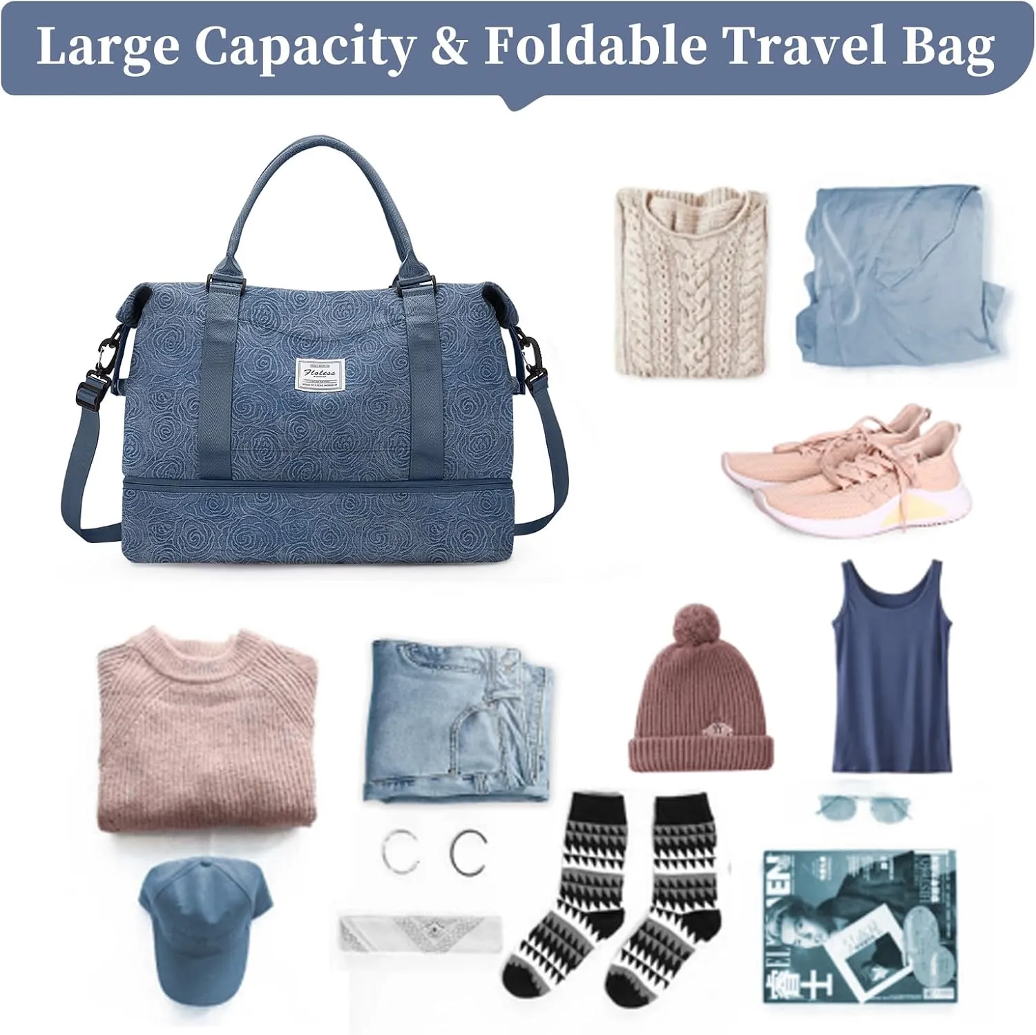 SYCNB Weekender Bags for Women,Personal Item Travel Bag with Shoes Compartment&Laptop Pocket,Overnight Travel Duffel Bag with Wet Pocket,Denim Rose