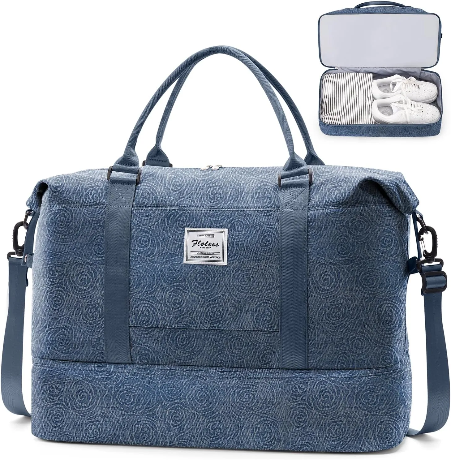 SYCNB Weekender Bags for Women,Personal Item Travel Bag with Shoes Compartment&Laptop Pocket,Overnight Travel Duffel Bag with Wet Pocket,Denim Rose