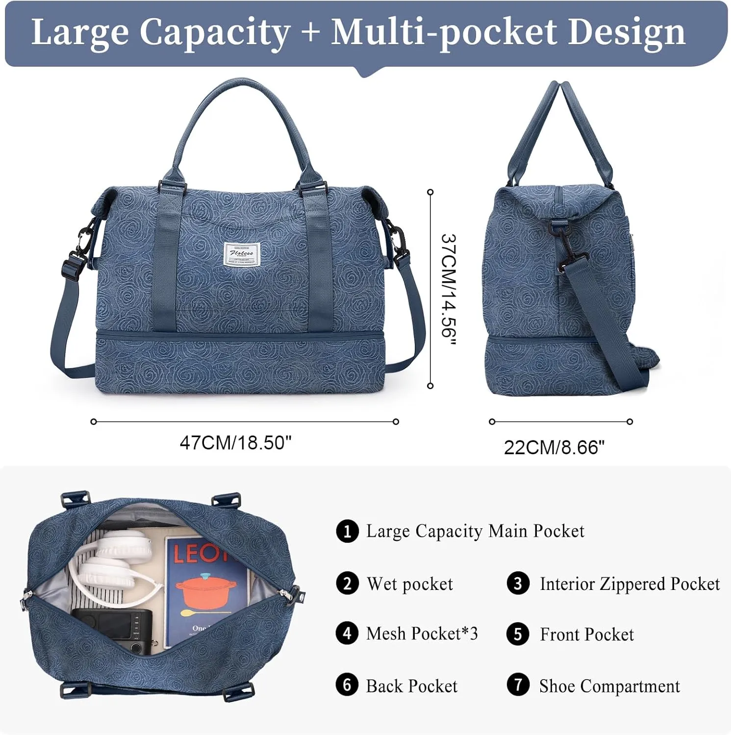 SYCNB Weekender Bags for Women,Personal Item Travel Bag with Shoes Compartment&Laptop Pocket,Overnight Travel Duffel Bag with Wet Pocket,Denim Rose