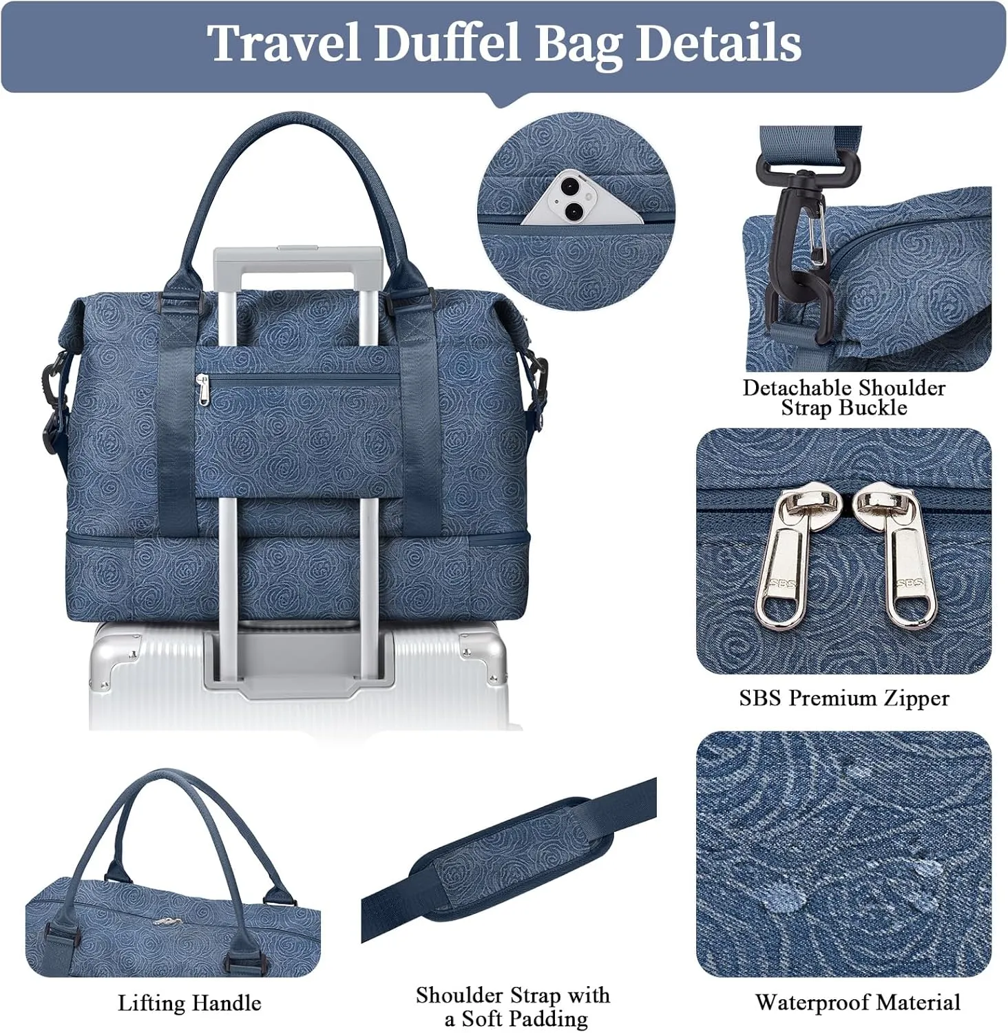 SYCNB Weekender Bags for Women,Personal Item Travel Bag with Shoes Compartment&Laptop Pocket,Overnight Travel Duffel Bag with Wet Pocket,Denim Rose