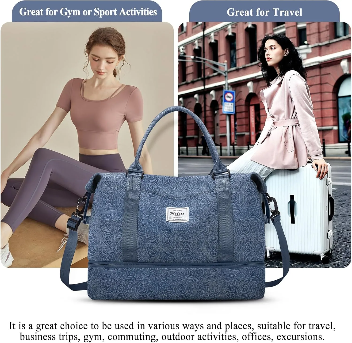SYCNB Weekender Bags for Women,Personal Item Travel Bag with Shoes Compartment&Laptop Pocket,Overnight Travel Duffel Bag with Wet Pocket,Denim Rose