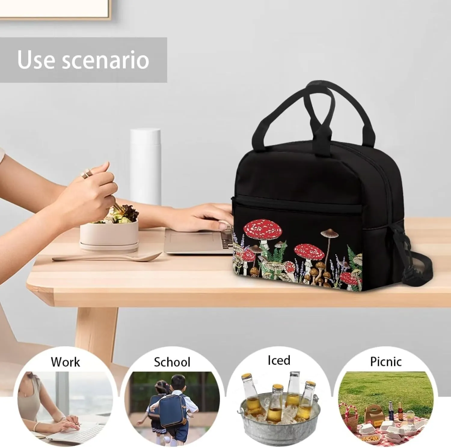 SYtrade Mushrooms Fungi Nature Lunch Bag Insulated Lunch Box Cooler Tote Bag For Kids Teens