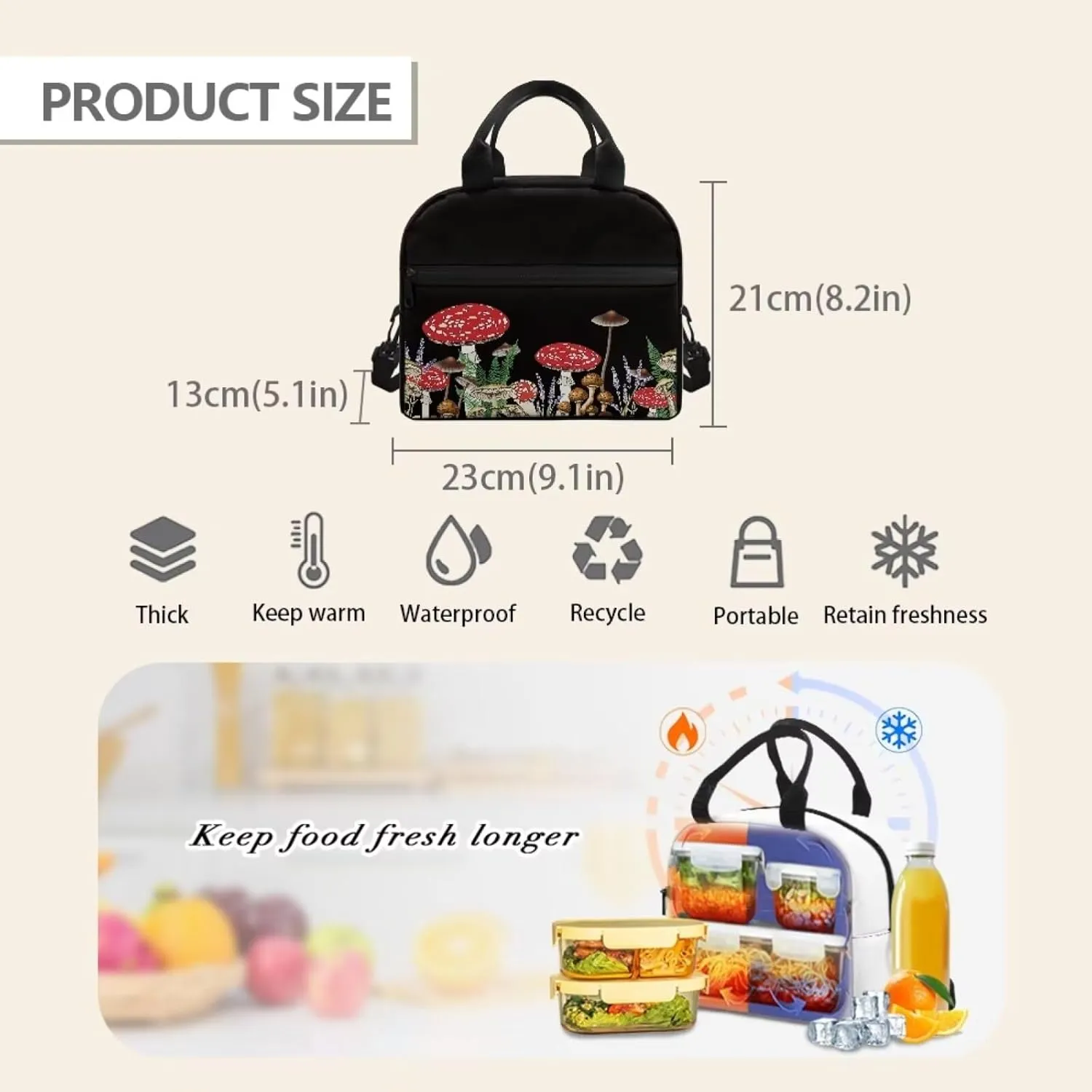 SYtrade Mushrooms Fungi Nature Lunch Bag Insulated Lunch Box Cooler Tote Bag For Kids Teens