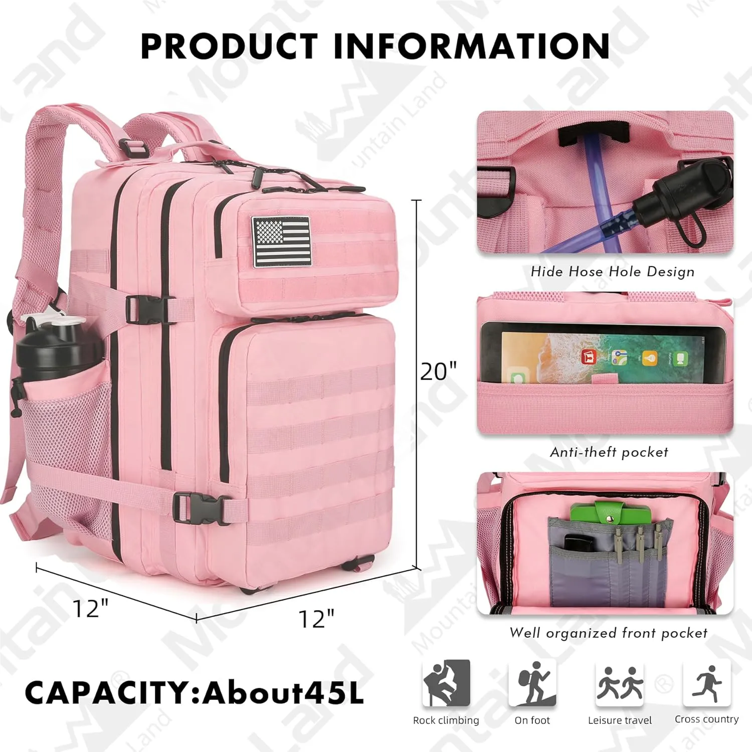 Tactical Backpack for Women Military Backpack 3 Days Outdoor Pack Bug Out Bag Water Resistant and Heavy Duty Hiking Treeking Rucksack -Pink