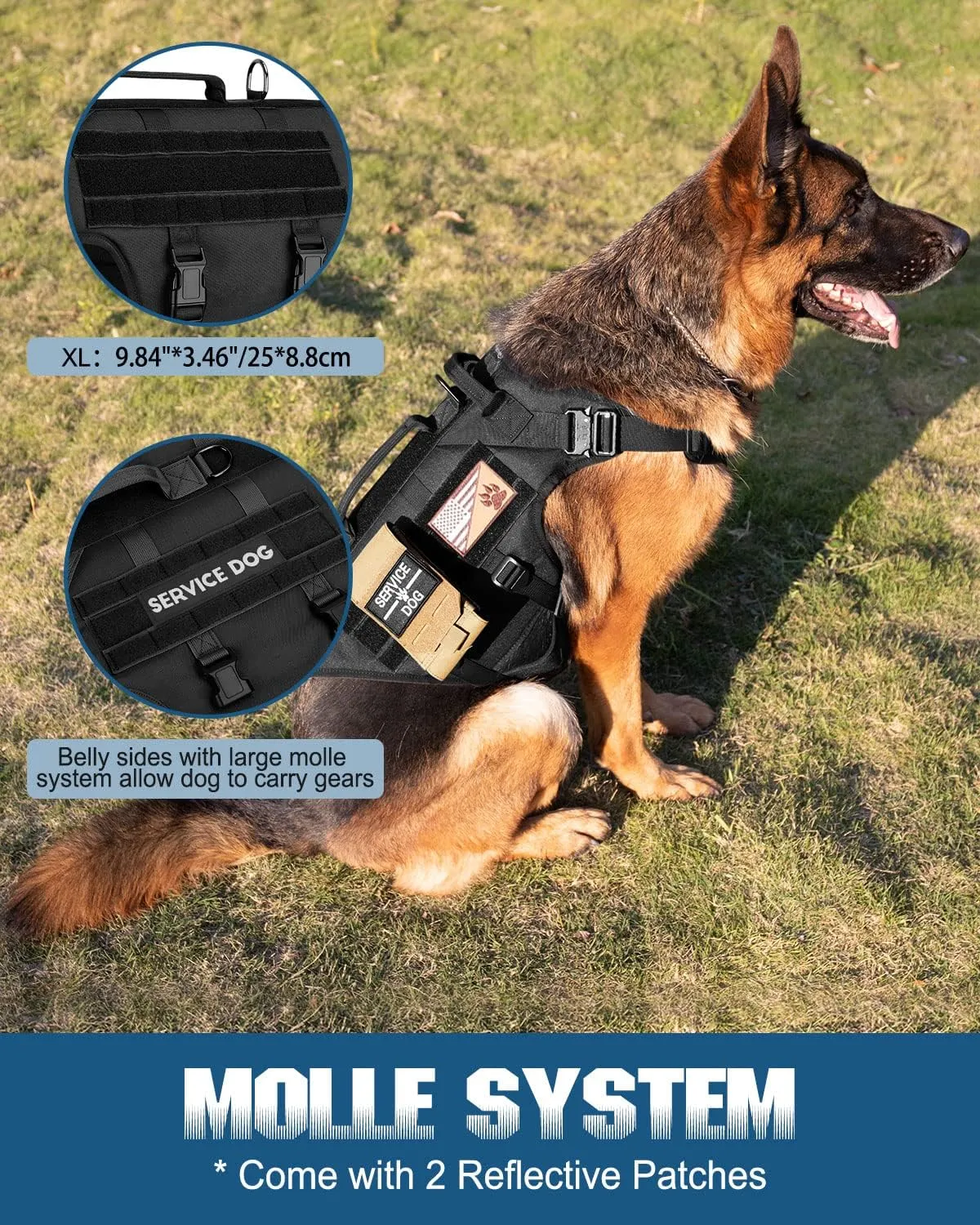 Tactical Dog Harness - PETNANNY Service Dog Vest for Large Dogs Fully Body Coverage in Training Dog Harness with 2 Reflective Dog Patches, Handle, Hook and Loop Panels, Dog MOLLE Vest (Black, XL)