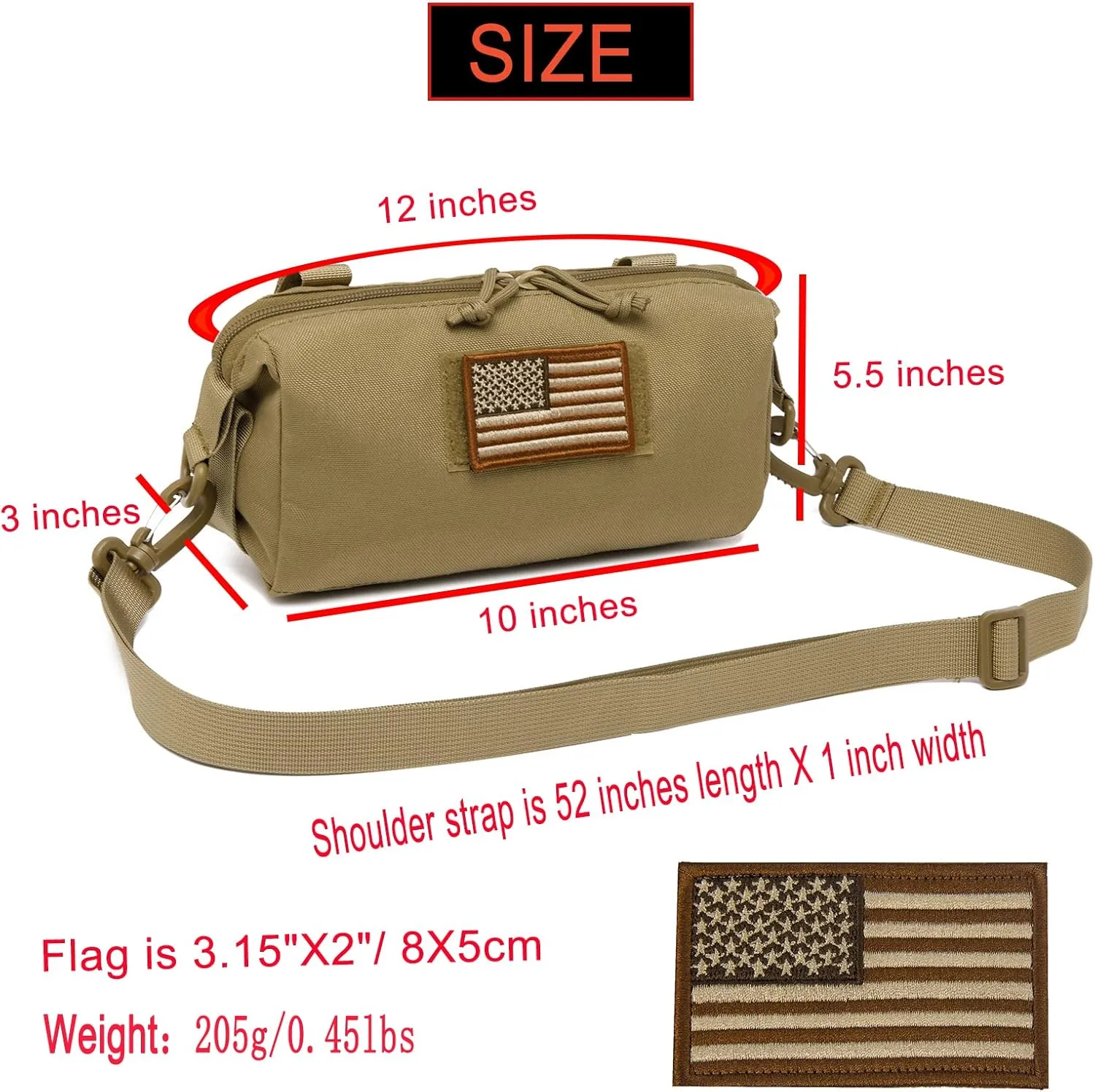 Tactical Increment Molle Pouch, Large Capacity Admin Utility Pouches, Horizontal Short Trips Bag, Multi-Purpose Sling Bag with Shoulder Strap and US Patch