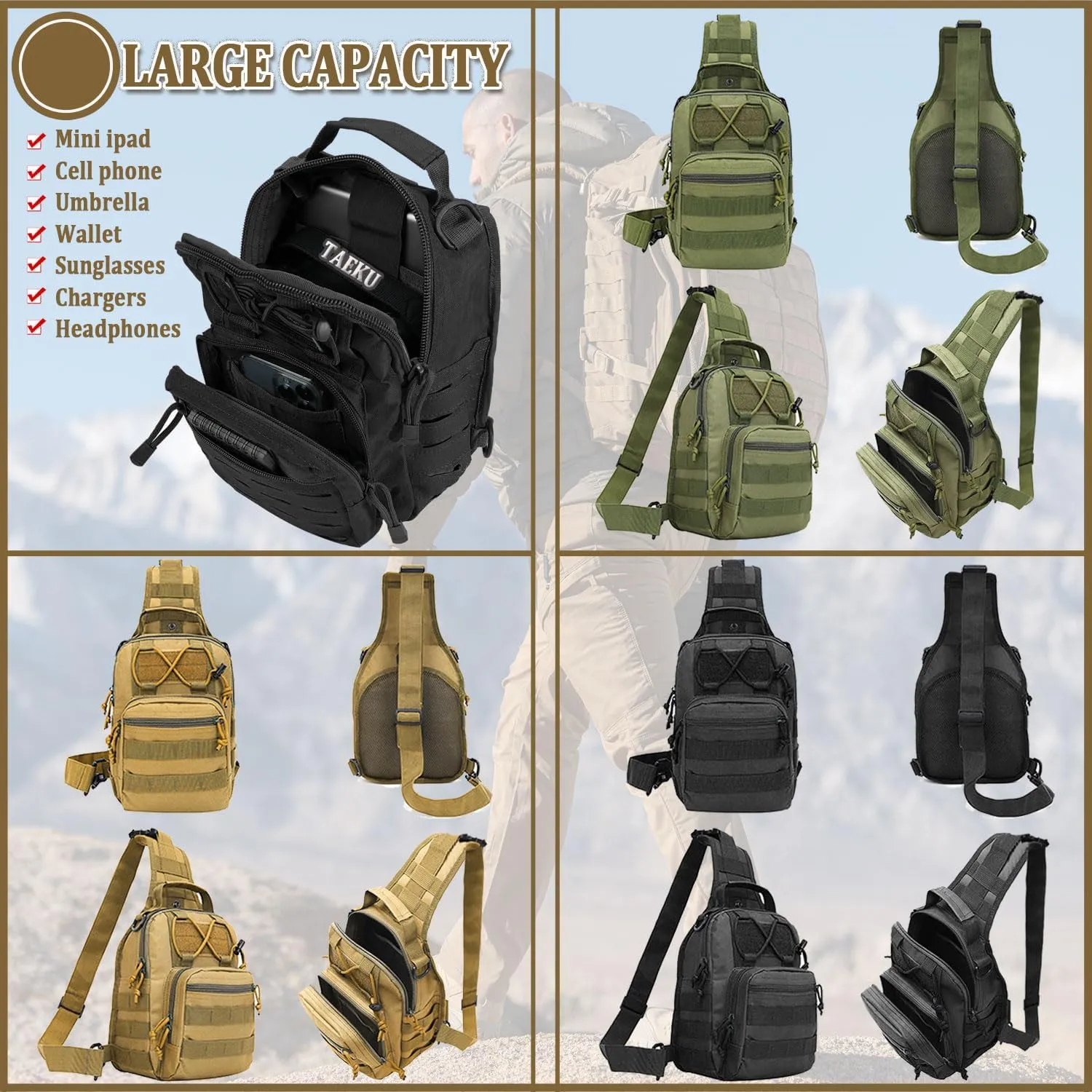 Tactical Sling Bag, Outdoor Durable Military Shoulder Chest Pack EDC Crossbody Daypack for Traveling Trekking (Black)