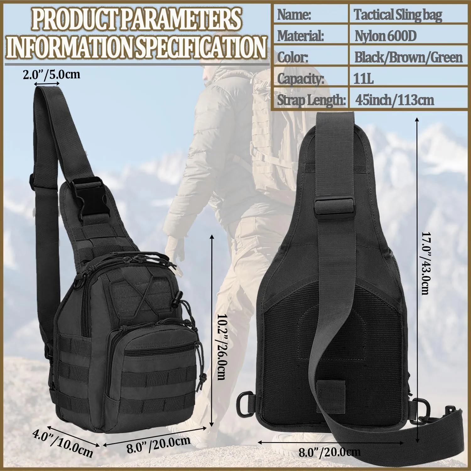 Tactical Sling Bag, Outdoor Durable Military Shoulder Chest Pack EDC Crossbody Daypack for Traveling Trekking (Black)