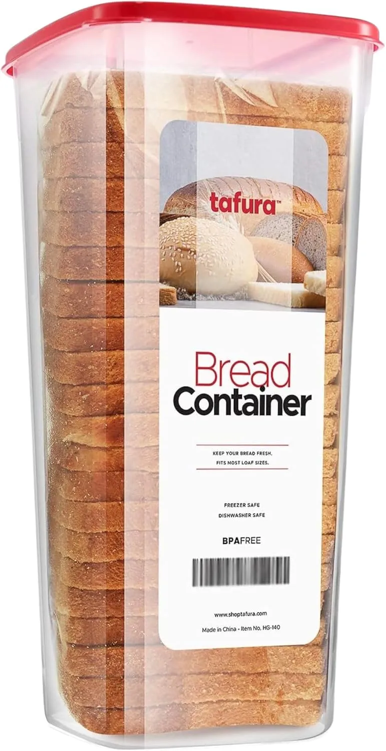 Tafura Bread Container - BPA Free Plastic Bread Box - Container/Holder for Homemade Loaves and Baked Goods with Red Airtight Lid