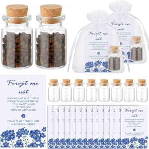 Tanlade 100 Set Funeral Favors Include Funeral Prayer Cards Celebration of Life Memorial Card Memorial Seeds Glass Bottles with Cork Stopper Organza Bags for Loss of Loved One, No Seed (Forget Me Not)