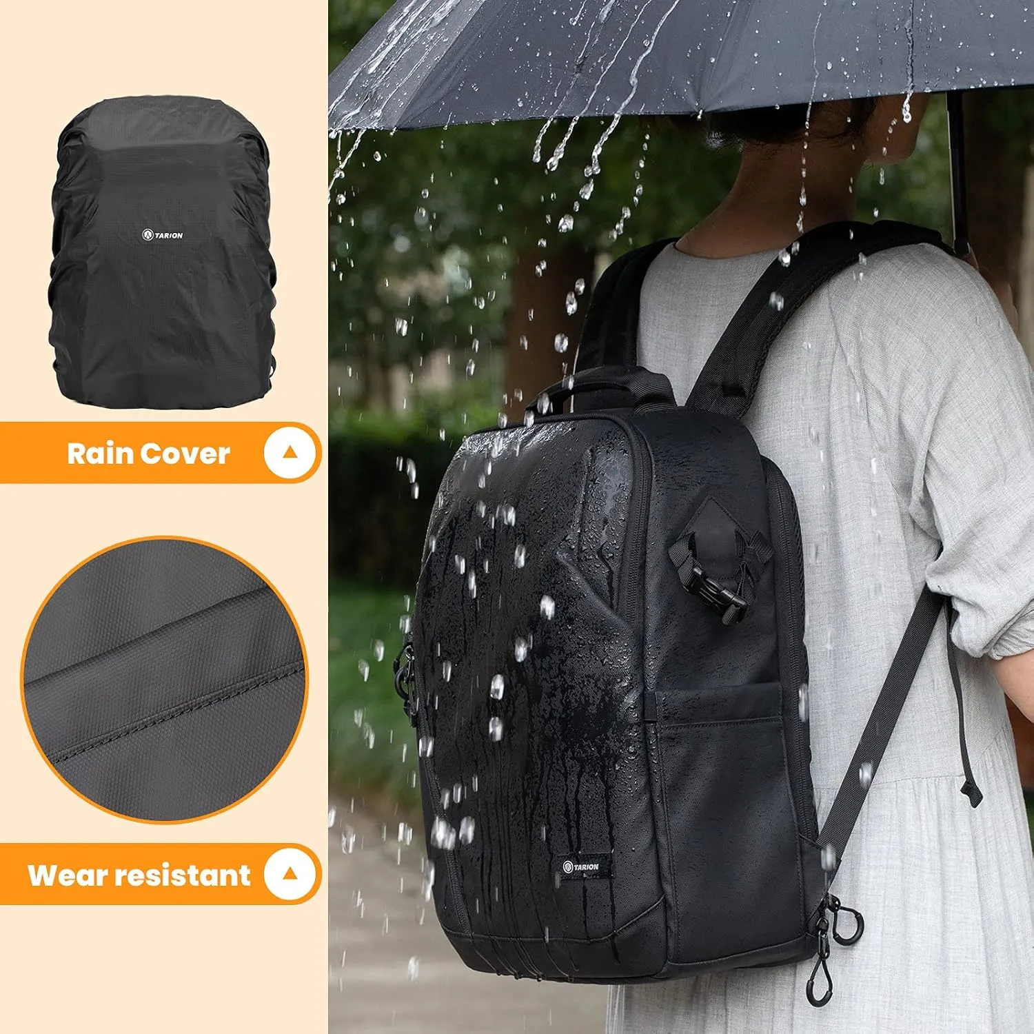 TARION Camera Backpack Waterproof Bag - DSLR Camera Bag with 14in Laptop Compartment Rain Cover, Professional Travel Photography Backpack for Photographers, SLR, Camera Lens, TR-L(New), Black