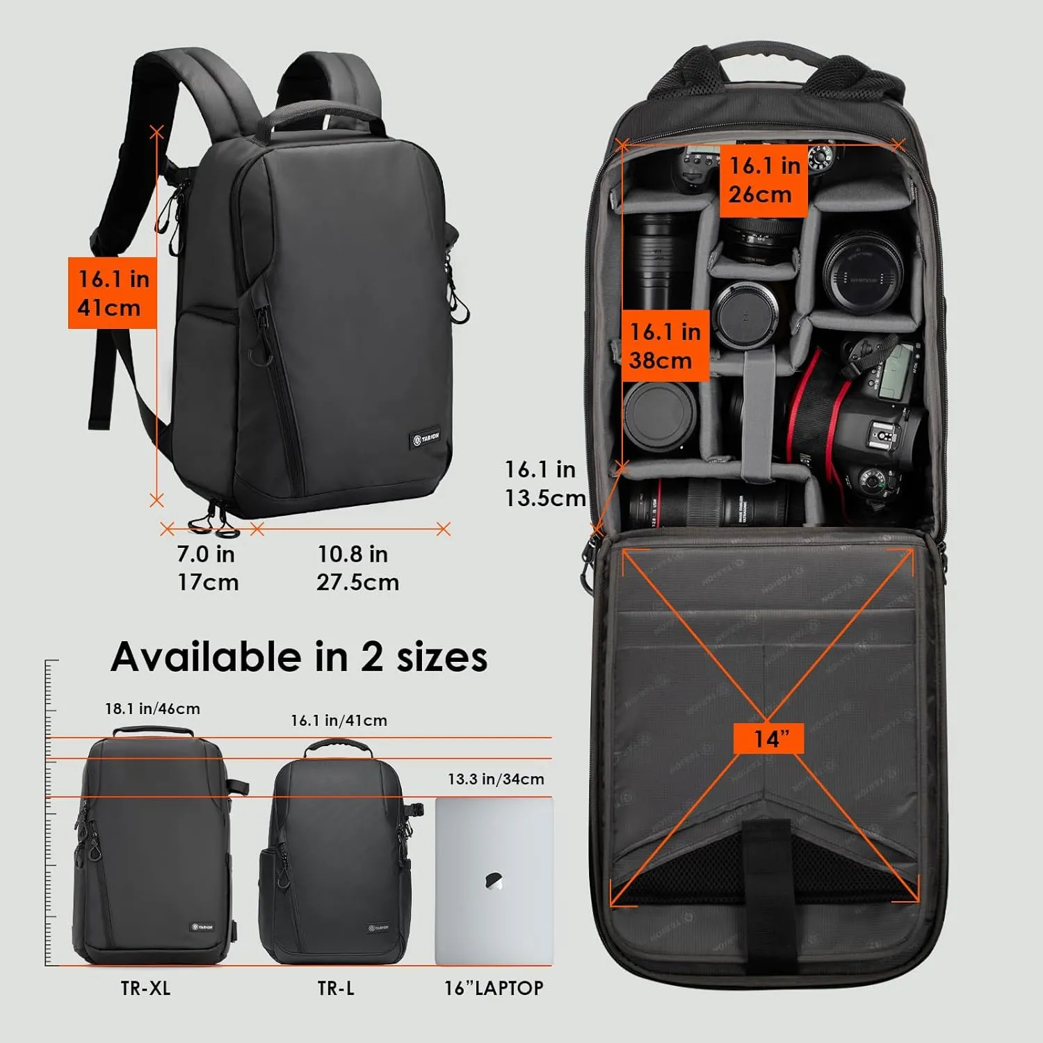 TARION Camera Backpack Waterproof Bag - DSLR Camera Bag with 14in Laptop Compartment Rain Cover, Professional Travel Photography Backpack for Photographers, SLR, Camera Lens, TR-L(New), Black