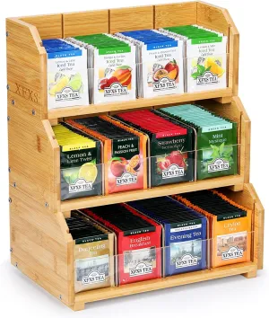 Tea Bag Organizer, 3 Layer Stackable Bamboo Tea Box Organizer Storage Box, Wooden Tea Holder Organizer with 12 Compartments Natural Wood & Acrylic for Countertop Kitchen Cabinet Pantry (3 Tier 01)