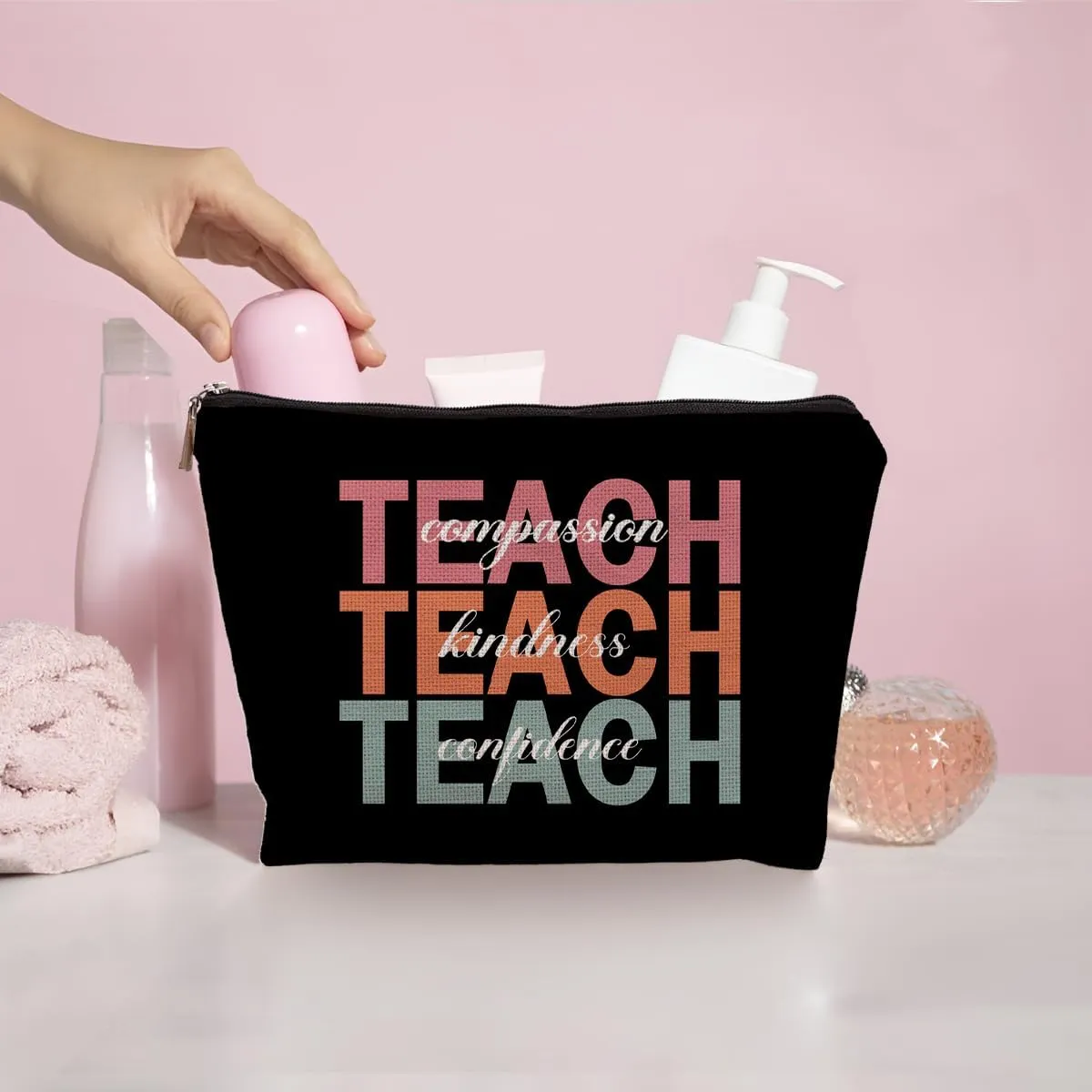 Teacher Makeup Bag, Appreciation Gifts for Women from Students, Compassion Kindness Confidence Makeup Cosmetic Bag for Purse