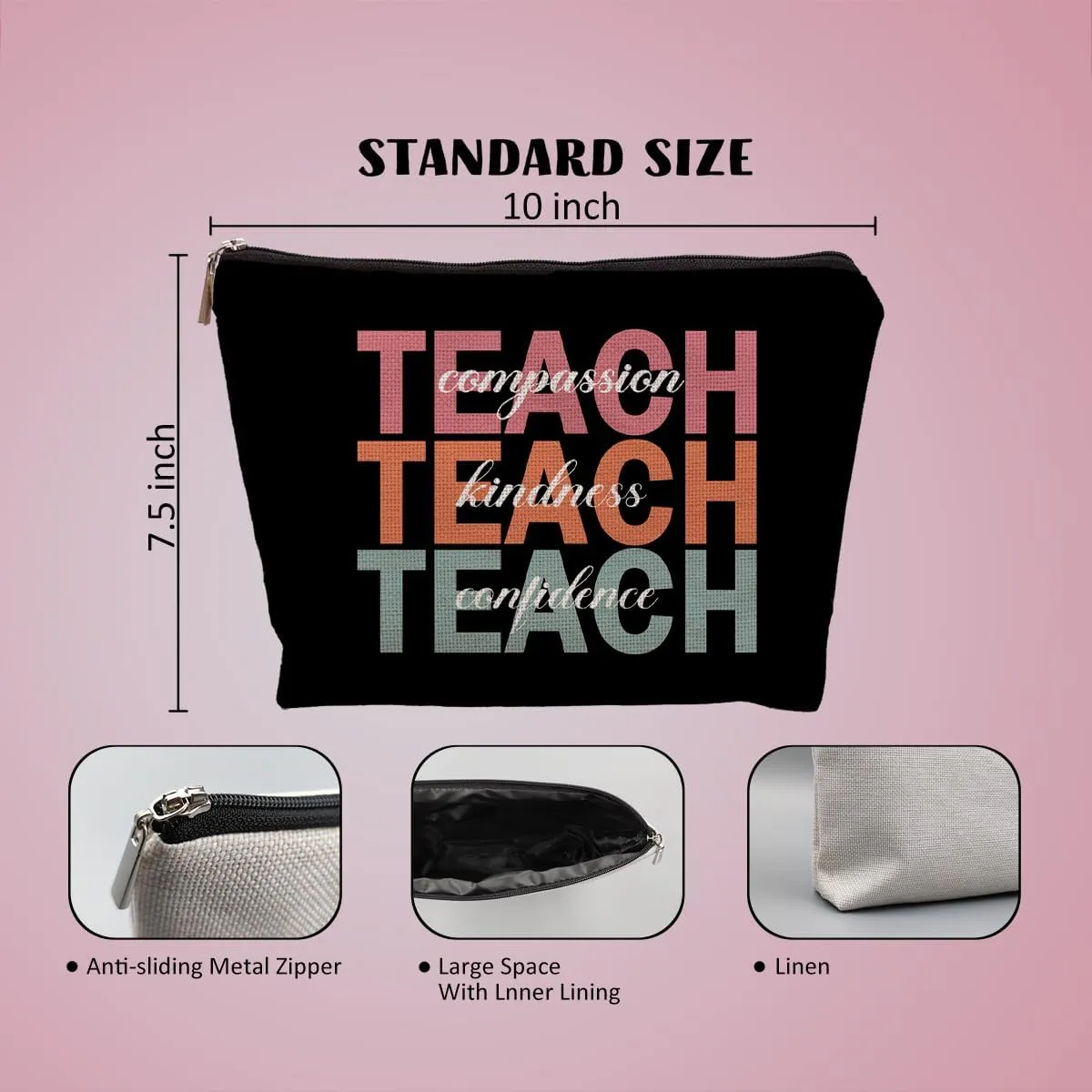 Teacher Makeup Bag, Appreciation Gifts for Women from Students, Compassion Kindness Confidence Makeup Cosmetic Bag for Purse
