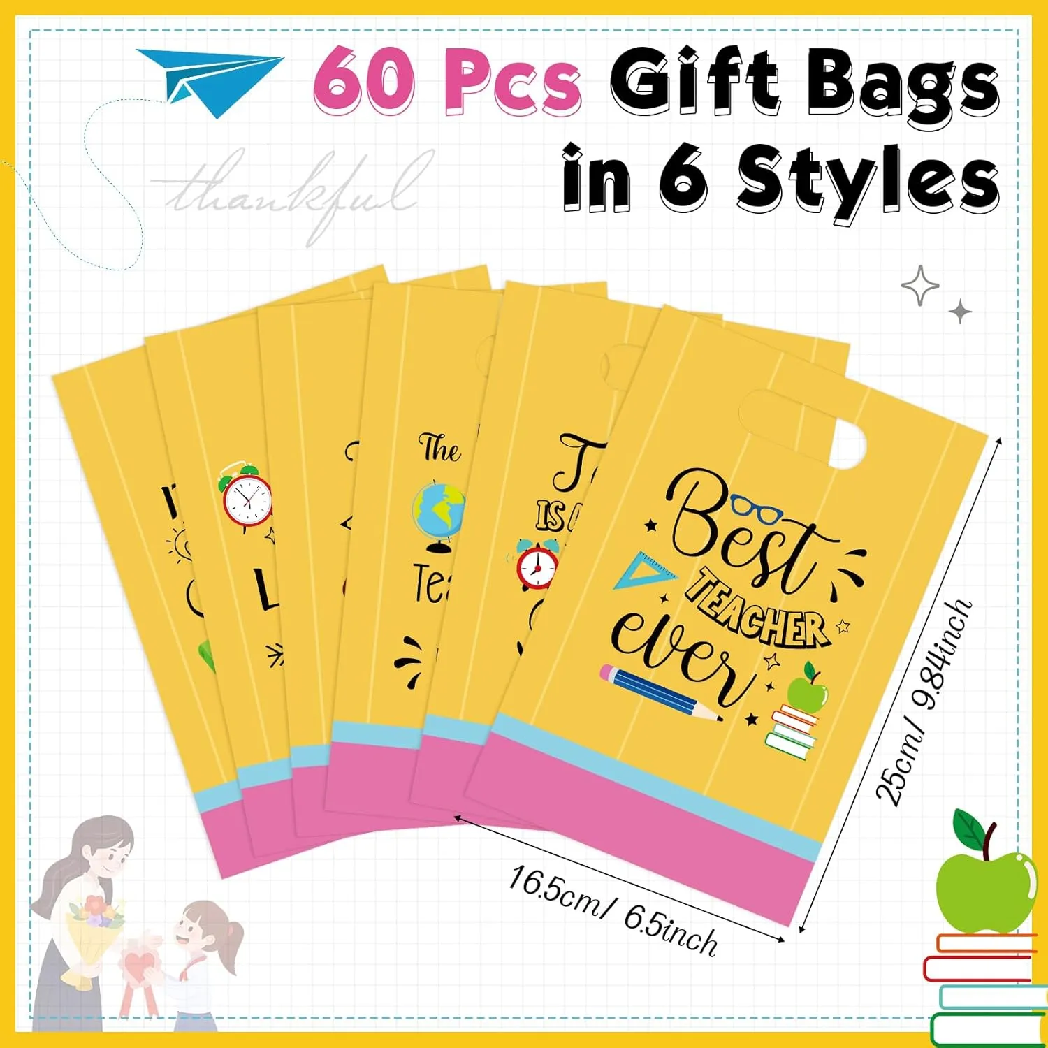 Teenyyou 60 Pcs Teacher Appreciation Candy Bags with Handles Small Plastic Best Teacher Ever Goodie Cookie Bags Bulk Thank You Gifts for Birthday Party Favors Supplies