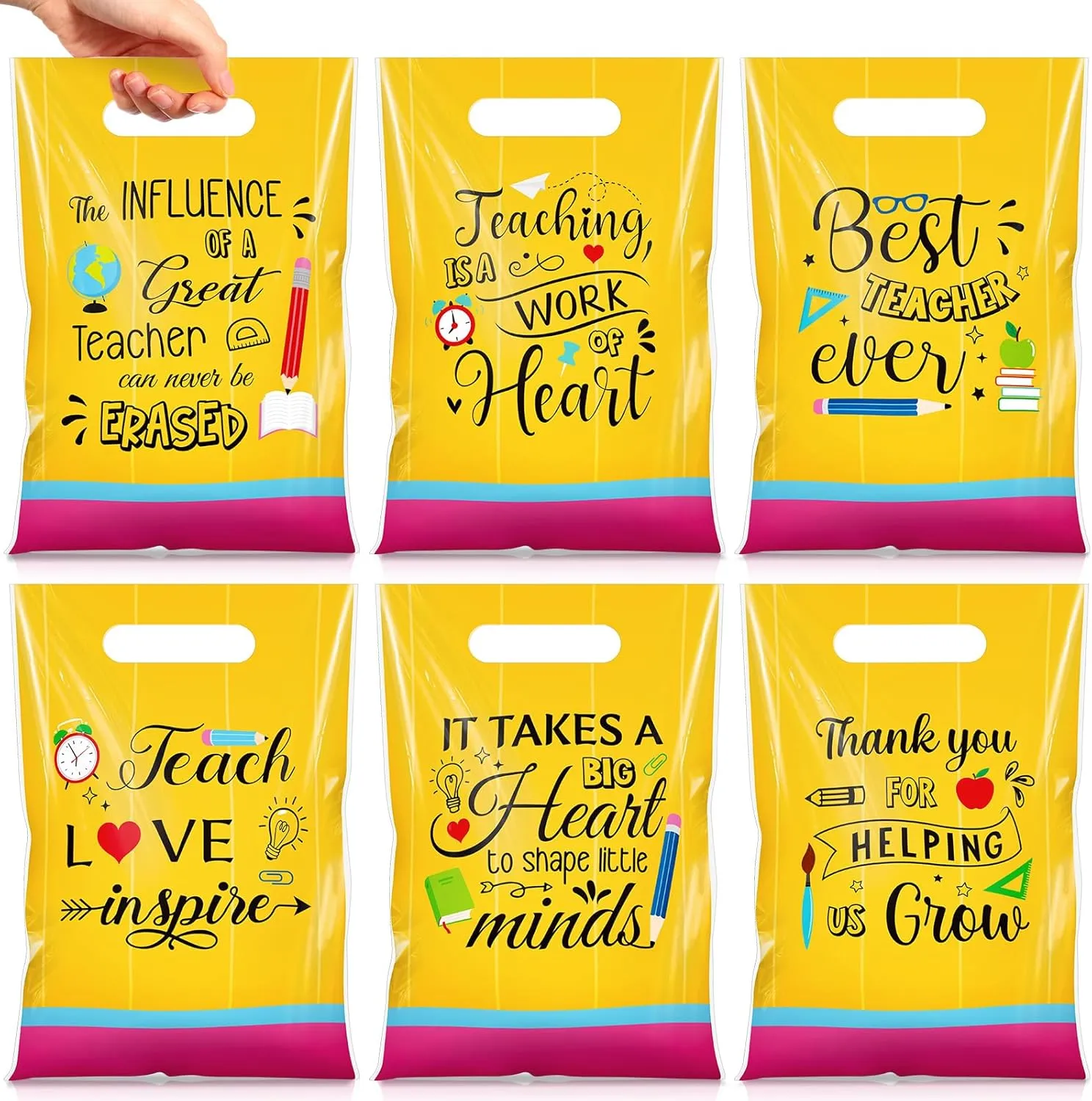 Teenyyou 60 Pcs Teacher Appreciation Candy Bags with Handles Small Plastic Best Teacher Ever Goodie Cookie Bags Bulk Thank You Gifts for Birthday Party Favors Supplies