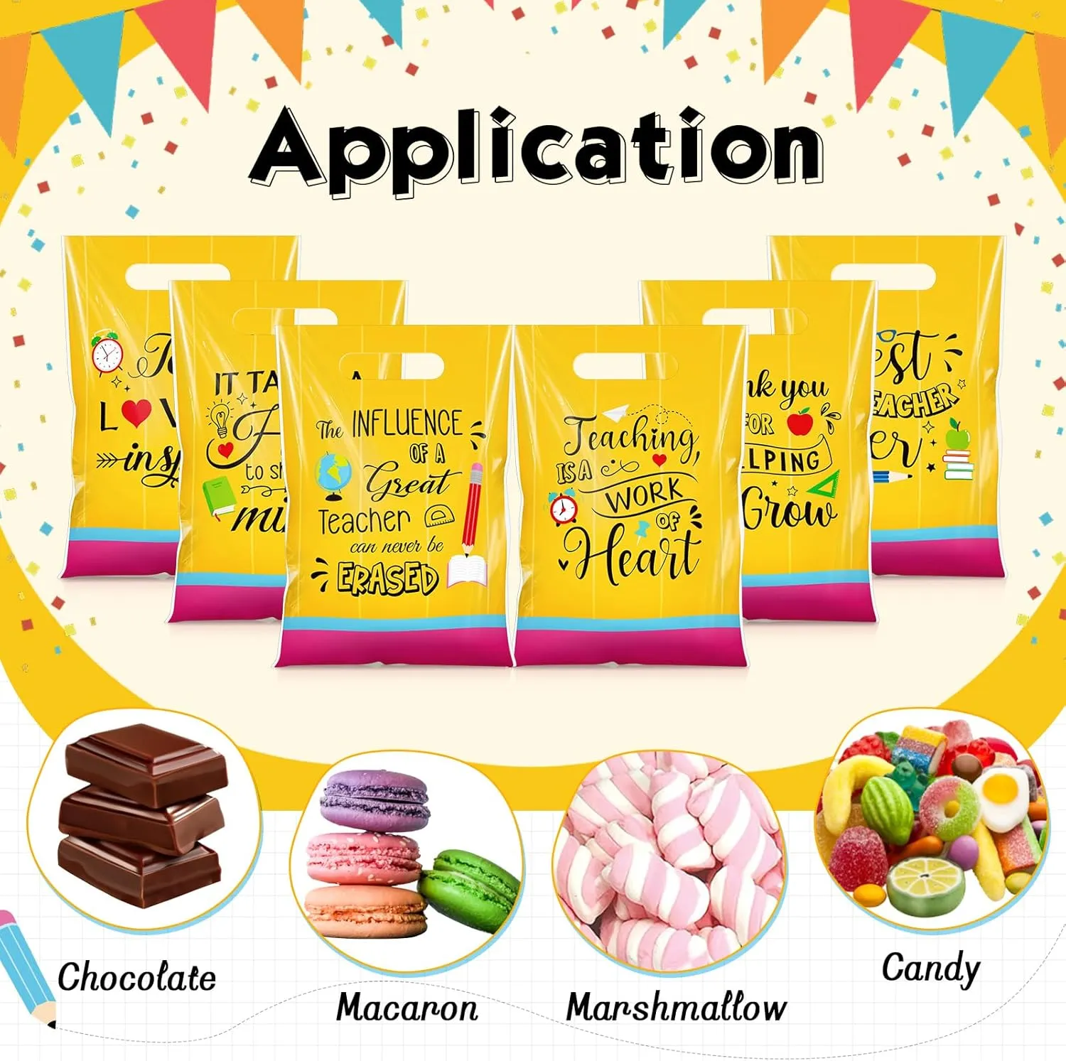 Teenyyou 60 Pcs Teacher Appreciation Candy Bags with Handles Small Plastic Best Teacher Ever Goodie Cookie Bags Bulk Thank You Gifts for Birthday Party Favors Supplies