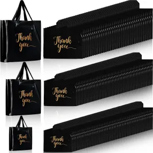 Teling 200 Pcs Thanks Bags with Handle Bulk Thank You Merchandise Bags 3 Size Plastic Packet Retail Shopping Package for Boutique 9 x 12'', 12 x 15'', 15 x 18''(Black)