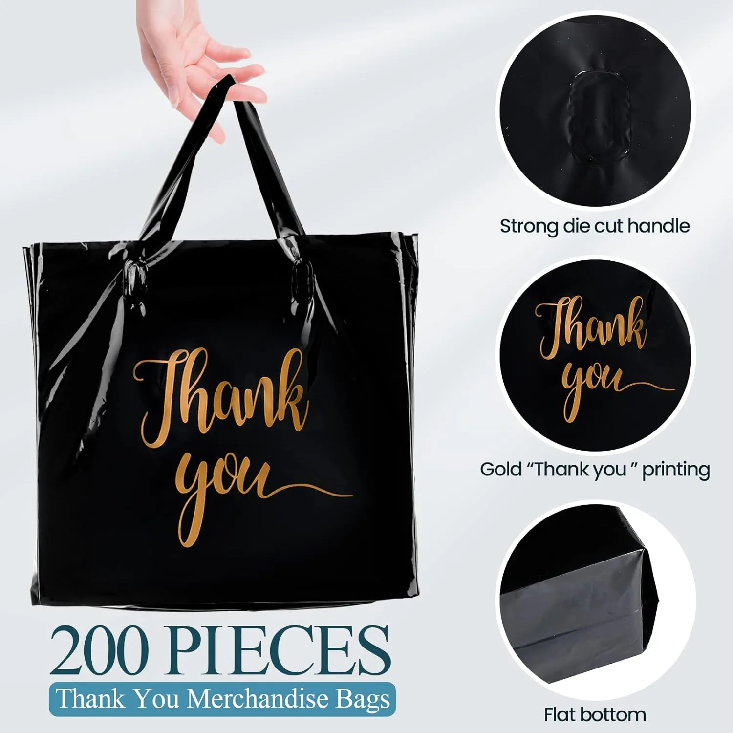 Teling 200 Pcs Thanks Bags with Handle Bulk Thank You Merchandise Bags 3 Size Plastic Packet Retail Shopping Package for Boutique 9 x 12'', 12 x 15'', 15 x 18''(Black)