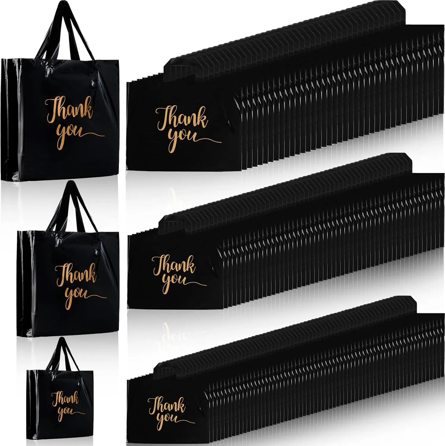 Teling 200 Pcs Thanks Bags with Handle Bulk Thank You Merchandise Bags 3 Size Plastic Packet Retail Shopping Package for Boutique 9 x 12'', 12 x 15'', 15 x 18''(Black)