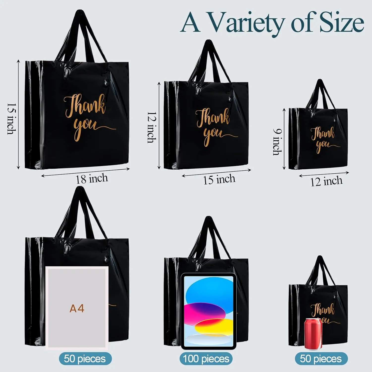 Teling 200 Pcs Thanks Bags with Handle Bulk Thank You Merchandise Bags 3 Size Plastic Packet Retail Shopping Package for Boutique 9 x 12'', 12 x 15'', 15 x 18''(Black)