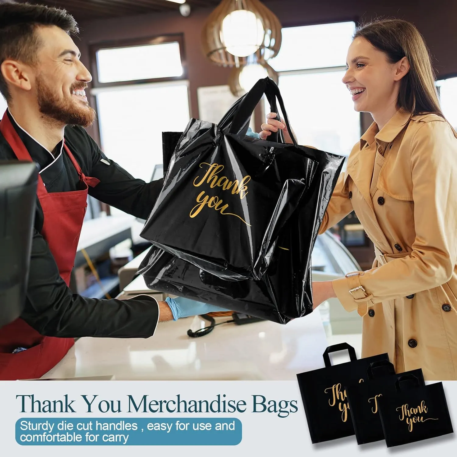 Teling 200 Pcs Thanks Bags with Handle Bulk Thank You Merchandise Bags 3 Size Plastic Packet Retail Shopping Package for Boutique 9 x 12'', 12 x 15'', 15 x 18''(Black)
