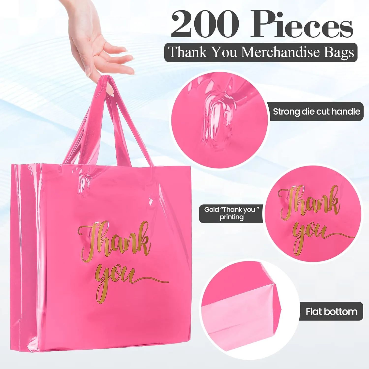 Teling 200 Pcs Thanks Bags with Handle Bulk Thank You Merchandise Bags 3 Size Plastic Packet Retail Shopping Package for Boutique 9 x 12'', 12 x 15'', 15 x 18''(Pink)