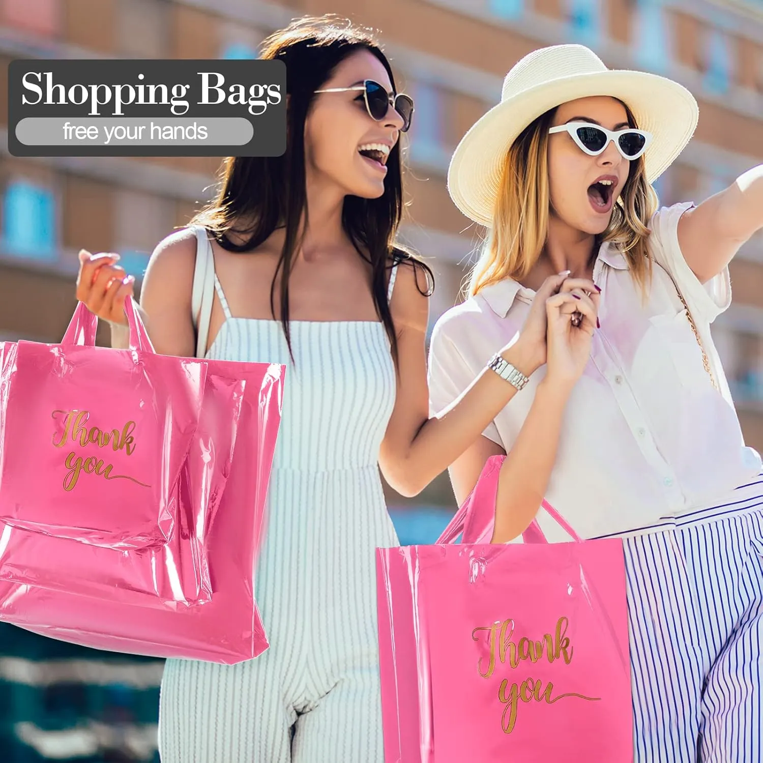 Teling 200 Pcs Thanks Bags with Handle Bulk Thank You Merchandise Bags 3 Size Plastic Packet Retail Shopping Package for Boutique 9 x 12'', 12 x 15'', 15 x 18''(Pink)