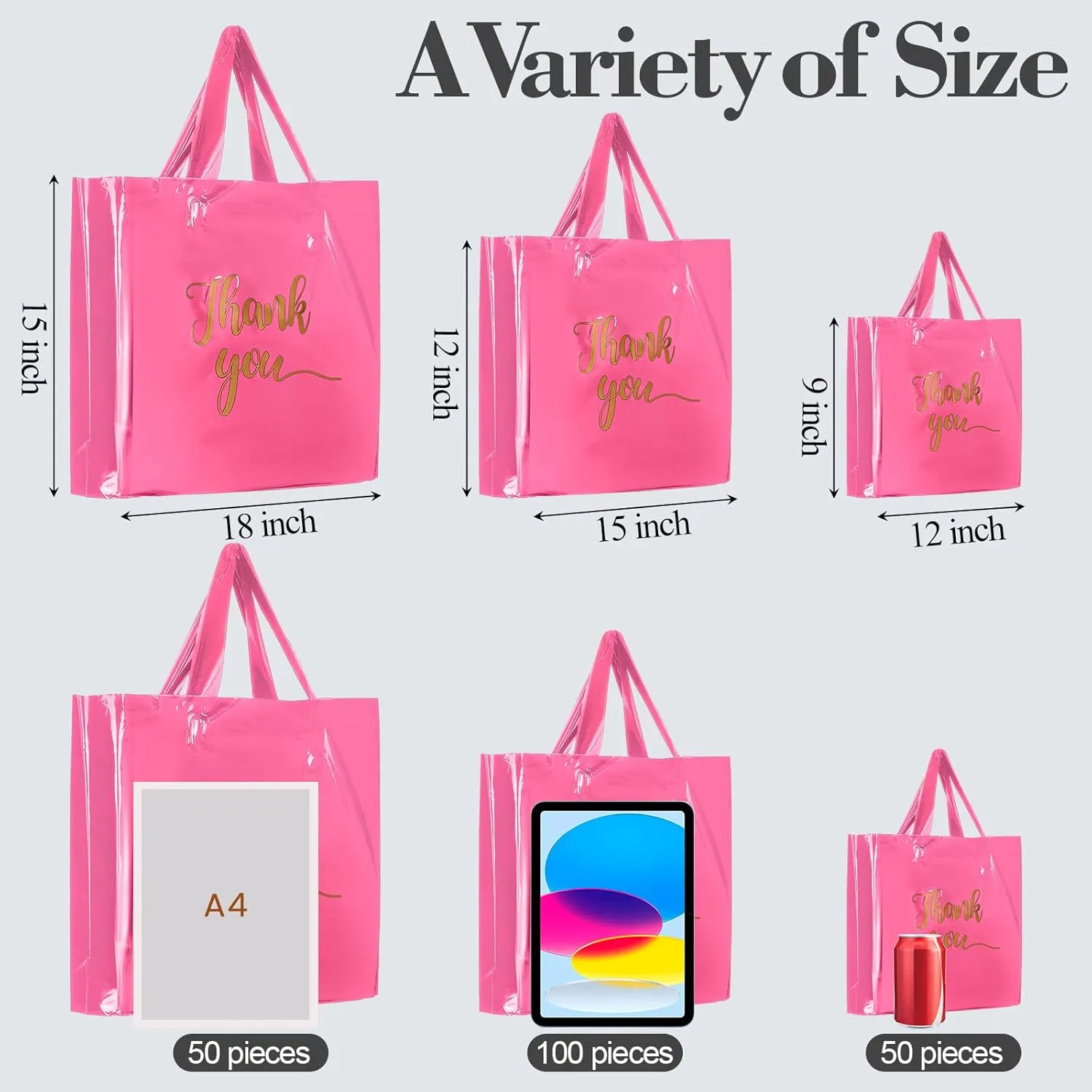 Teling 200 Pcs Thanks Bags with Handle Bulk Thank You Merchandise Bags 3 Size Plastic Packet Retail Shopping Package for Boutique 9 x 12'', 12 x 15'', 15 x 18''(Pink)