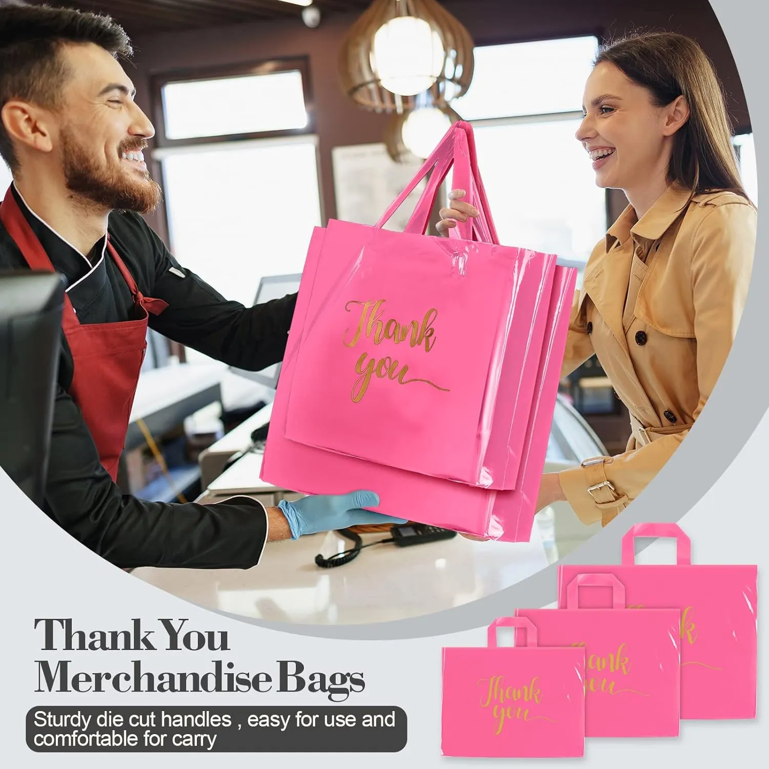 Teling 200 Pcs Thanks Bags with Handle Bulk Thank You Merchandise Bags 3 Size Plastic Packet Retail Shopping Package for Boutique 9 x 12'', 12 x 15'', 15 x 18''(Pink)