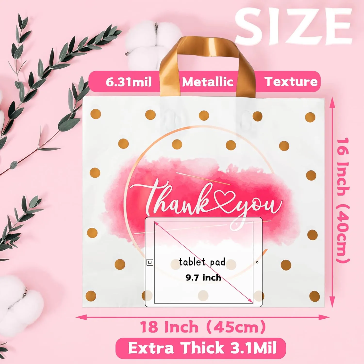 Thank You Bags - 50 Pack Extra Thick Plastic Shopping Bags for Small Business, Boutique, Office, Party (16X18 IN)