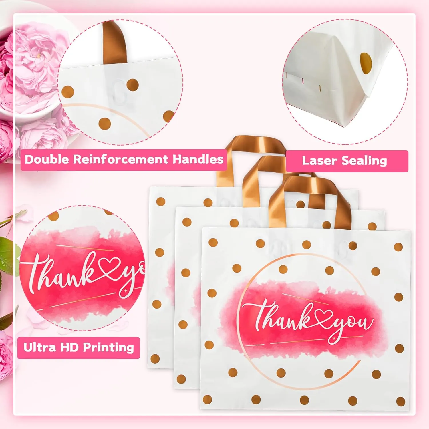 Thank You Bags Shopping Bags for Small Business Boutique Bags, 50 Pack Extra Thick Plastic Shopping Bags Merchandise Retail Bags Customers Office Party Thank You Bags for Businees Small (14X16 IN)