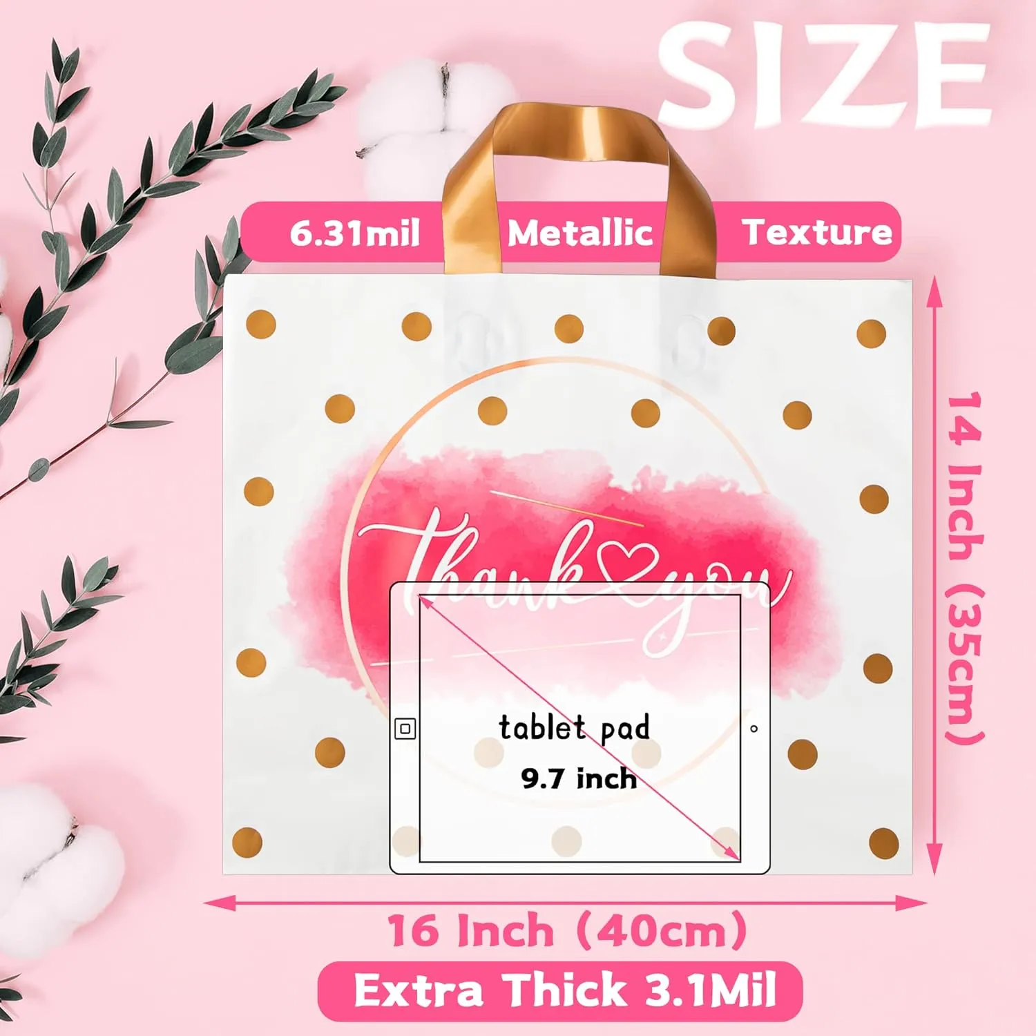 Thank You Bags Shopping Bags for Small Business Boutique Bags, 50 Pack Extra Thick Plastic Shopping Bags Merchandise Retail Bags Customers Office Party Thank You Bags for Businees Small (14X16 IN)
