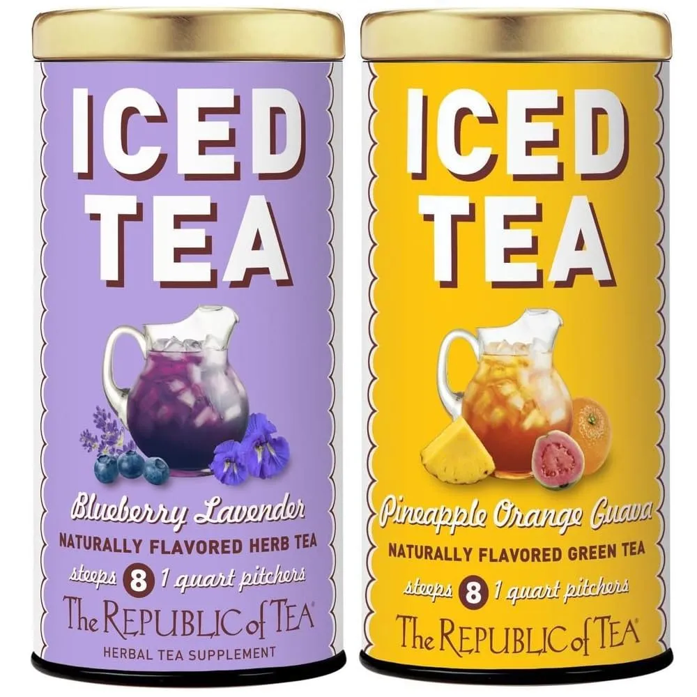 The Republic of Tea - Iced Tea Bundle - Pineapple Orange Guava Green Iced Tea and Beautifying Botanicals® Beauty Blueberry Lavender Herbal Iced Tea