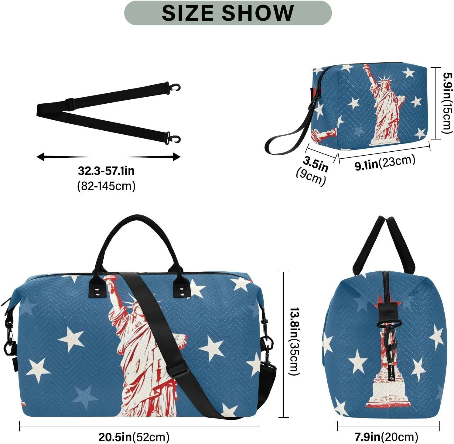 The Statue Of Liberty with Stars Travel Duffle Bag,Large Weekender Travel Bag for Women Men Waterproof Luggage Bag with Trolley Sleeve,Airplane Travel Essentials for Flying