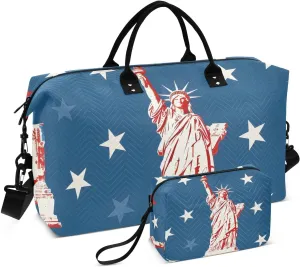 The Statue Of Liberty with Stars Travel Duffle Bag,Large Weekender Travel Bag for Women Men Waterproof Luggage Bag with Trolley Sleeve,Airplane Travel Essentials for Flying