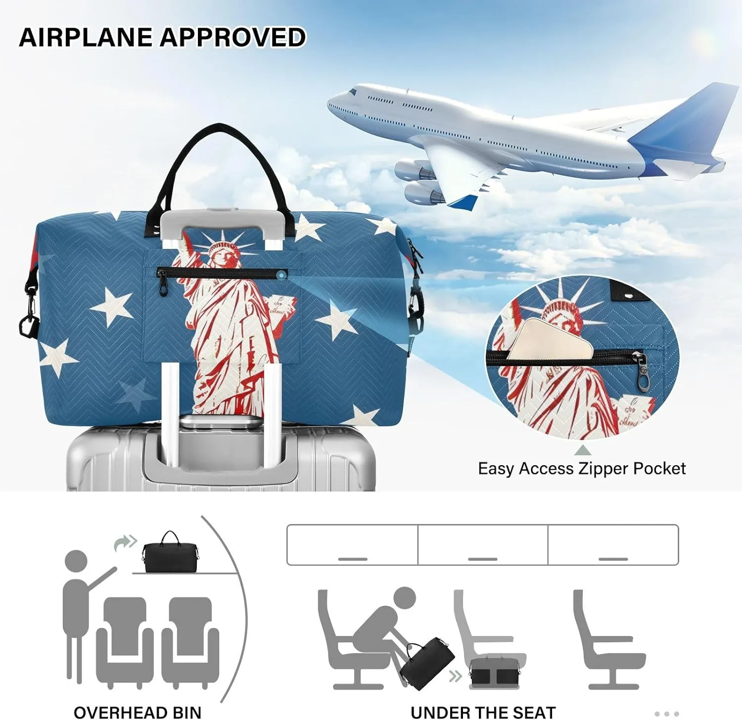 The Statue Of Liberty with Stars Travel Duffle Bag,Large Weekender Travel Bag for Women Men Waterproof Luggage Bag with Trolley Sleeve,Airplane Travel Essentials for Flying