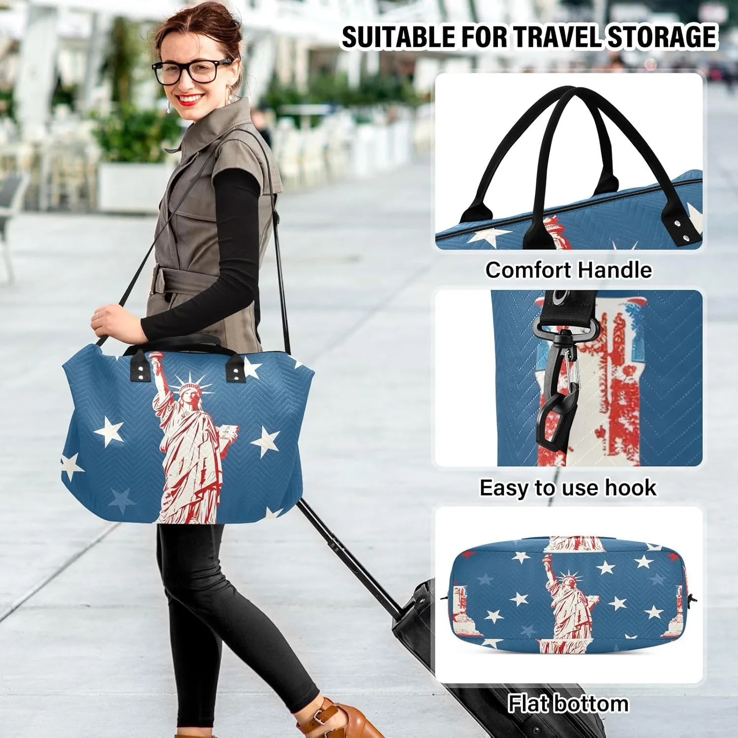 The Statue Of Liberty with Stars Travel Duffle Bag,Large Weekender Travel Bag for Women Men Waterproof Luggage Bag with Trolley Sleeve,Airplane Travel Essentials for Flying