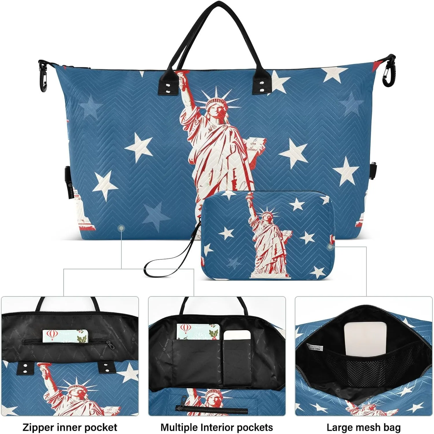 The Statue Of Liberty with Stars Travel Duffle Bag,Large Weekender Travel Bag for Women Men Waterproof Luggage Bag with Trolley Sleeve,Airplane Travel Essentials for Flying