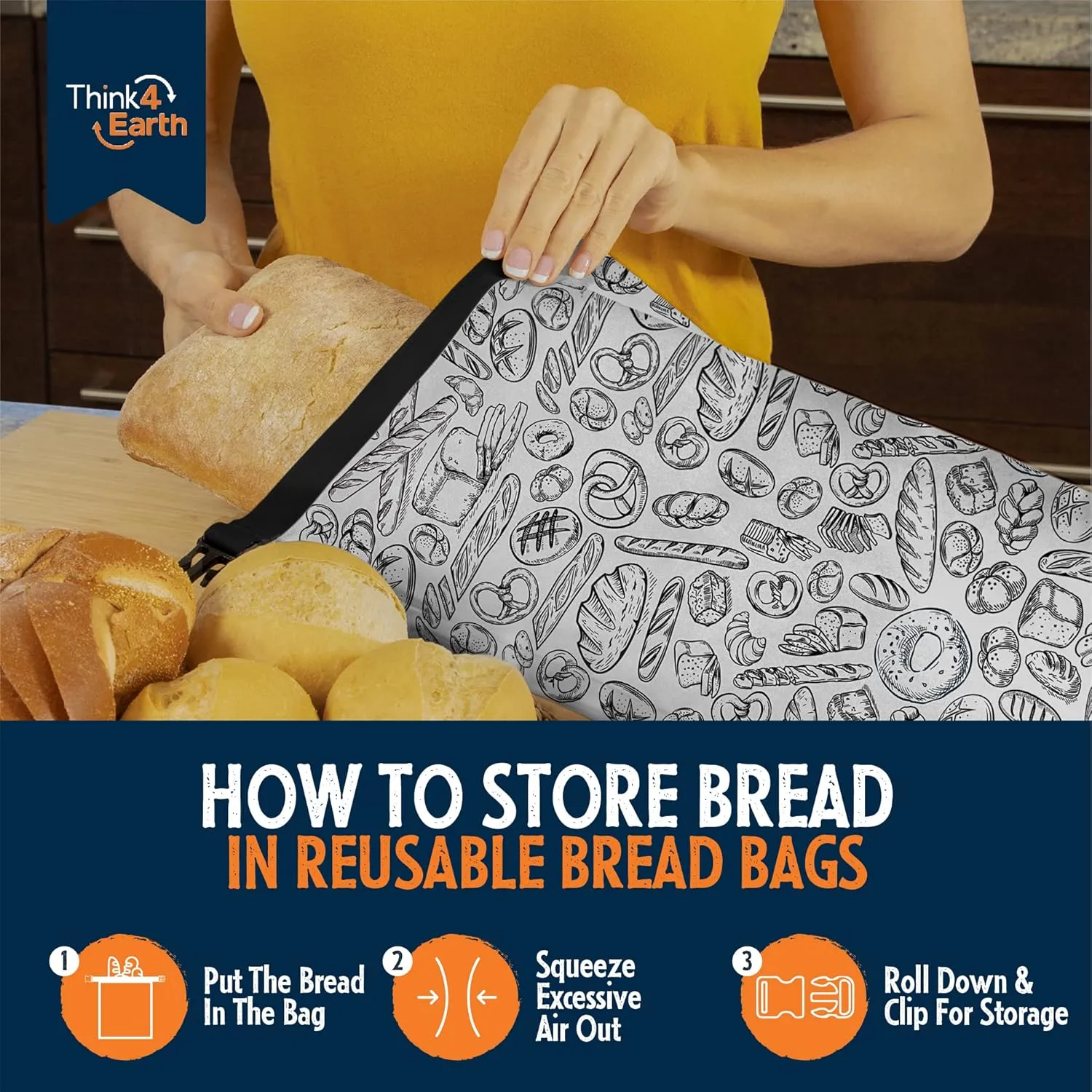 Think4Earth® - 2 Pack Large Bread Bags for Homemade Loaf, Freezer Storage Bag, Bread Container, Reusable Food Storage Bag