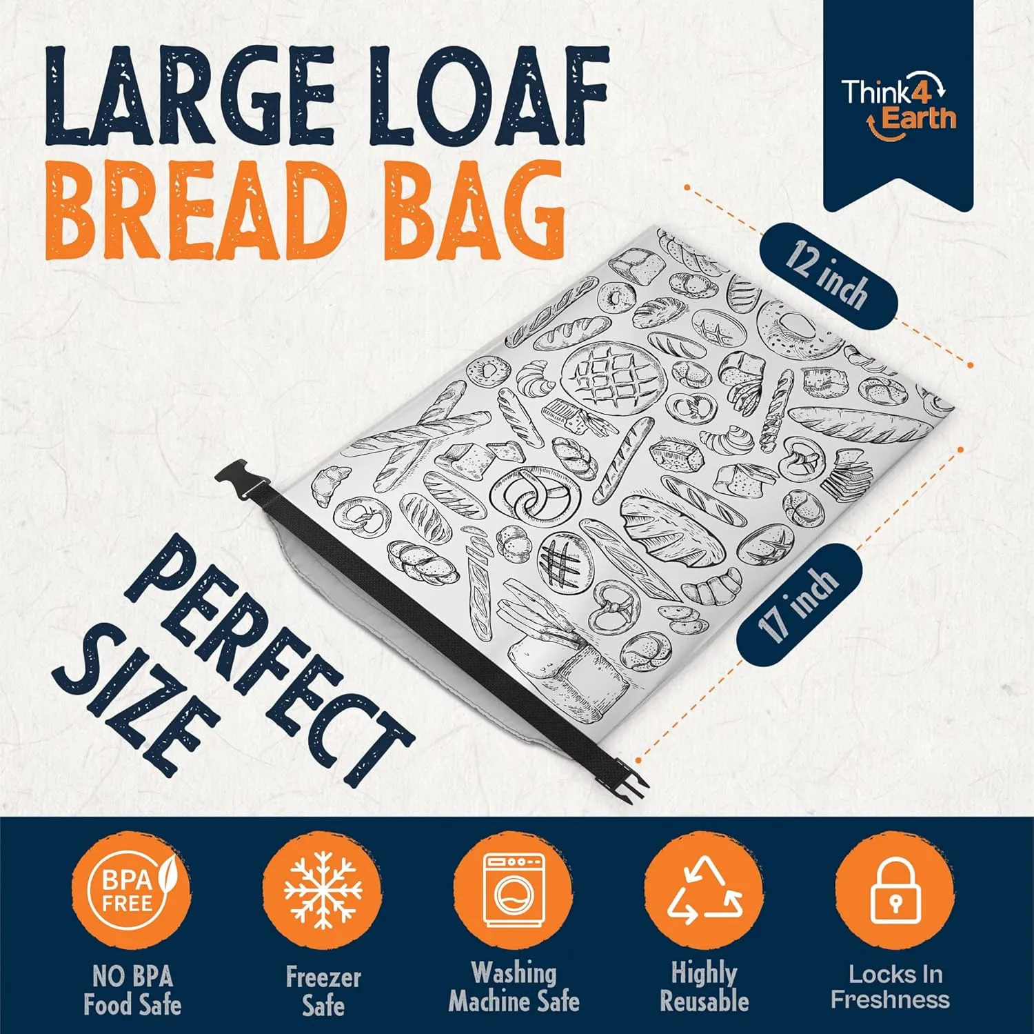 Think4Earth® - 2 Pack Large Bread Bags for Homemade Loaf, Freezer Storage Bag, Bread Container, Reusable Food Storage Bag